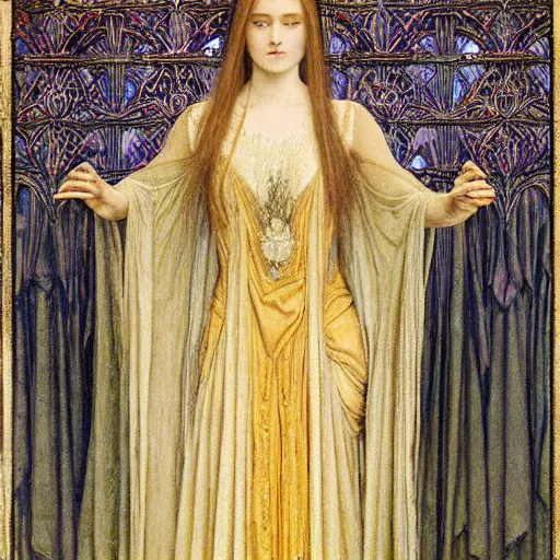 Image similar to detailed realistic half body portrait of a beautiful young medieval queen by jean delville, art nouveau, symbolist, visionary, gothic, horizontal symmetry, opulent gown, ornate jewels