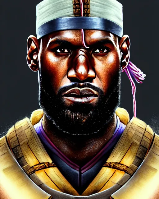 Image similar to face portrait of lebron james as a muscular ronin samurai, wearing a haori, by wlop and peter mohrbacher, dramatic action pose, extremely detailed shading, concept art, digital painting, trending on artstation, unreal engine 5, octane render, atmosphere, glow, cinematic lighting, full of color