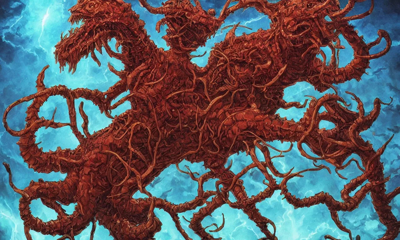 Image similar to demigorgon from stranger things in magic : the gathering card art. high saturation painting in the style of rebecca guay.