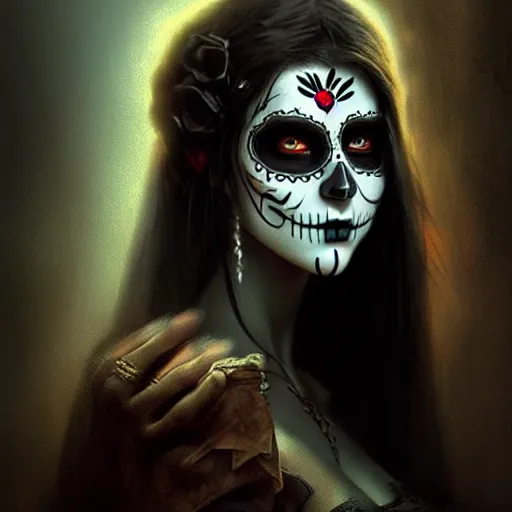 Image similar to day of the dead, character portrait, sharp, digital matte painting, art by luis royo, greg rutkowski, wlop, dramatic lighting, trending on artstation