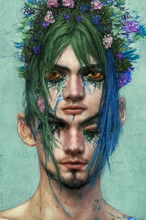 Prompt: portrait of beautiful young man, warhammer, japanic style, cyberpunk, a lot of scars, more and more flowers, blue head, green side, the middle ages, highly detailed, artstation, illustration, art by gustav klimt, 8 k quality