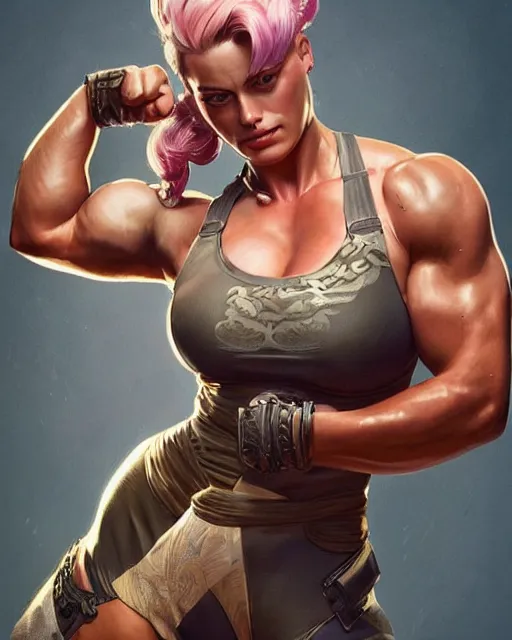 Prompt: full figure ultra realistic illustration, margot robbie as thick female bodybuilder zarya from overwatch, intricate, elegant, highly detailed, digital painting, artstation, concept art, smooth, sharp focus, illustration, art by artgerm and greg rutkowski and alphonse mucha