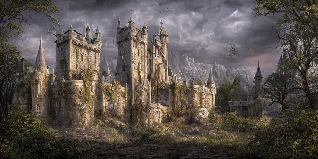 Image similar to matte painting, castle, dramatic landscape, overgrown, cinematic