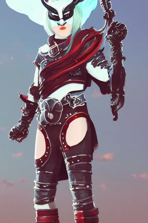 Prompt: female adventurer in tight full - body teal leather armor of japanese design with red accents and a white porcelain crow mask, trending in artstation, japanese, artstation, big moon in the background establishing shot