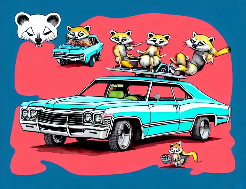 Image similar to cute and funny, racoon riding in a 1 9 6 9 chevrolet impala with oversized engine, ratfink style by ed roth, centered award winning watercolor pen illustration, isometric illustration by chihiro iwasaki, edited by range murata, tiny details by artgerm and watercolor girl, symmetrically isometrically centered