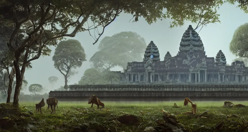 Image similar to Angkor Wat, lushious Jungle landscape, center composition, cinematic, rendered by simon stålenhag, rendered by Beeple, Makoto Shinkai, syd meade, environment concept, digital art, starwars, unreal engine, 3 point perspective, WLOP, trending on artstation, low level, 4K UHD image, octane render,