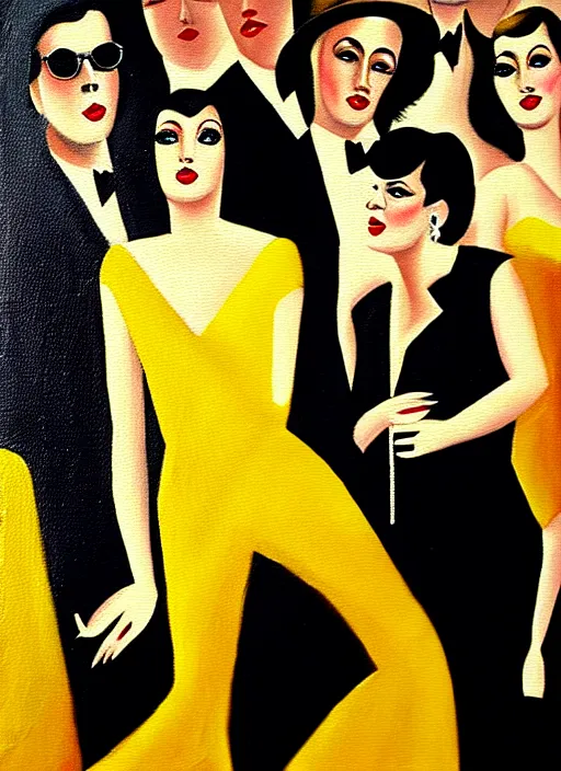 Image similar to film noir disco, crowds of people, she arrived in a golden dress oil painting