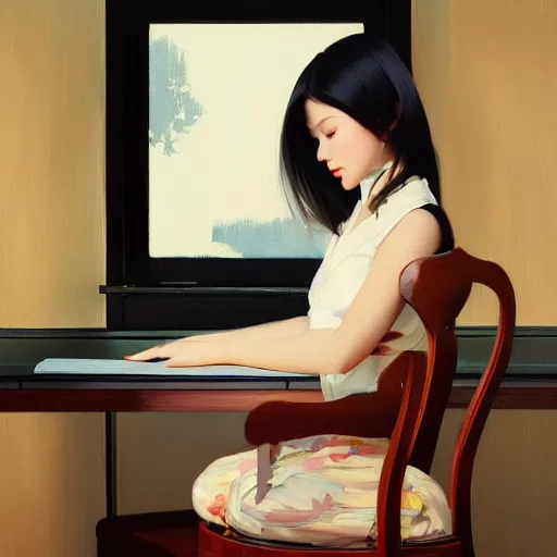 Image similar to oil painting by ilya kuvshinov,, baugh casey, rhads, coby whitmore, of a youthful japanese beauty, long hair, sitting on antique chair leaning against a desk, victorian room, highly detailed, breathtaking face, studio photography