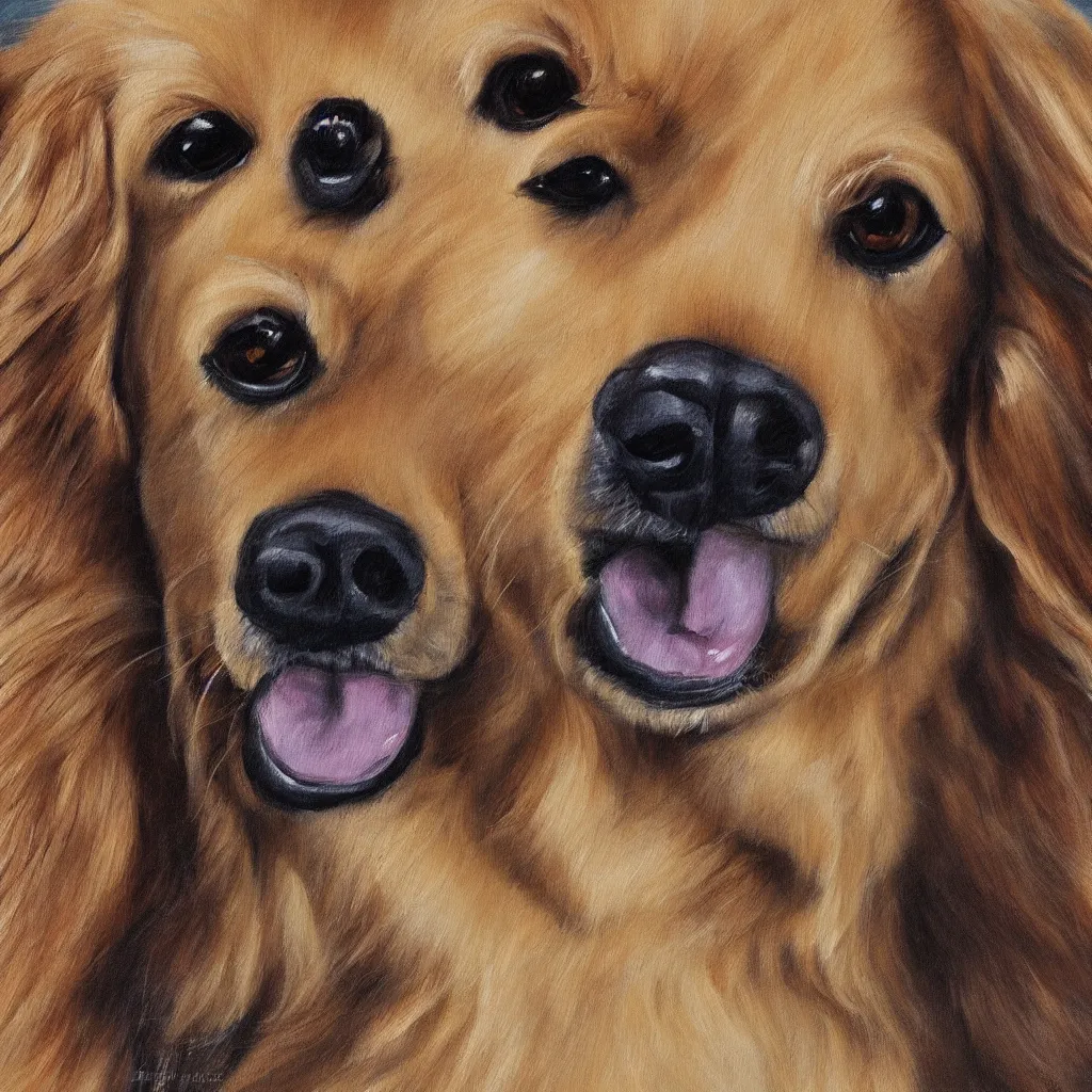 Prompt: A painting of a single happy golden retriever dog with detailed fur, portrait