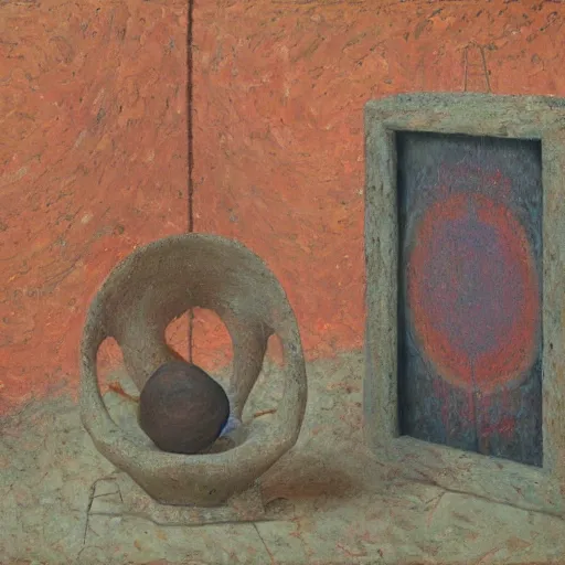 Image similar to a detailed, impasto painting by shaun tan and louise bourgeois of an abstract forgotten sculpture by ivan seal and the caretaker, 1 8 9 9