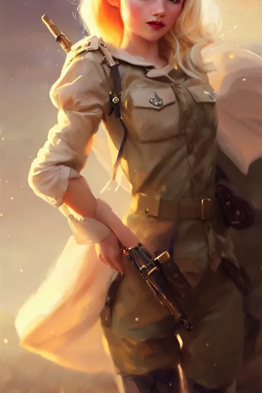 Image similar to cinematic shot of an epic portrait of a cute blonde fairy dressed in military clothes, stylised military clothes, shiny skin, beautiful eyes, beautiful, small details, night setting, realistic poster with volumetric light from craig mallism, artgerm, jeremy lipkin and michael garmash, unreal engine, radiant light, digital art, trends at art station, a masterpiece