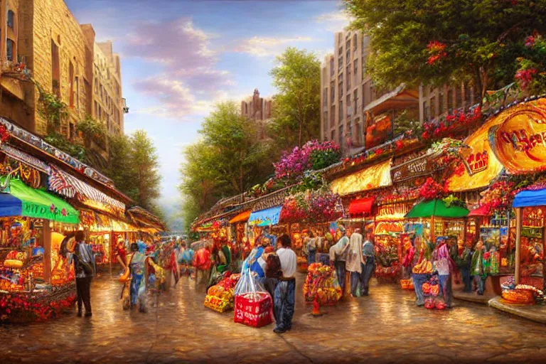 Prompt: a shopping street made completely from different kinds of candy, created by Mark Keathley