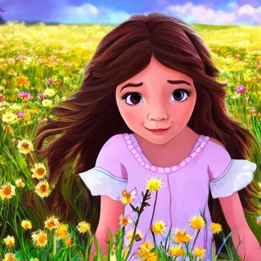 Image similar to a little girl with short wavy brown hair sits in a field of flowers in a still from a disney movie. beautiful disney cartoon character art, high quality, detailed face