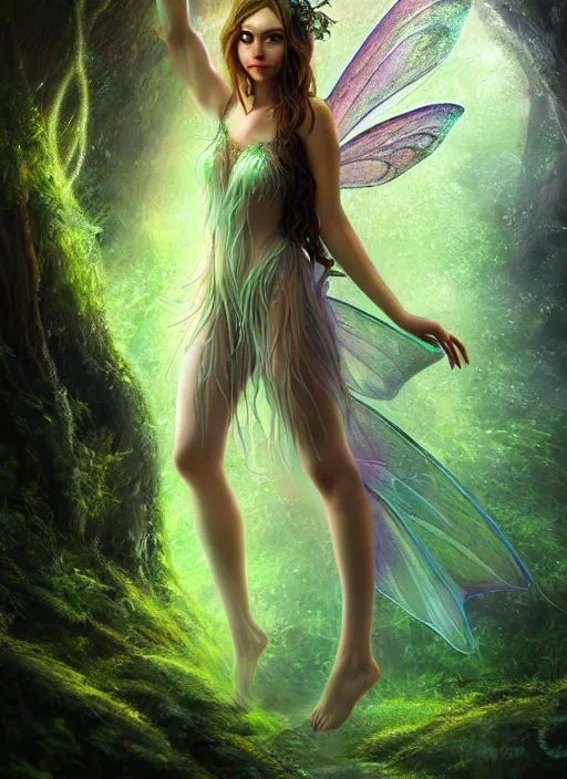 Image similar to beautiful full body portrait fairy faerie fey fae forest spirit highly detailed CGsociety subtle enchanting alluring magical concept art HDR hyper realistic volumetric lighting subsurface scattering unreal