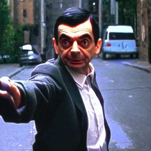 Image similar to Mr Bean in the Matrix, bullet time, cinematic, film clip