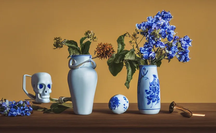 Prompt: Realistic still lifes photo studio, porcelain vase, apple, blue flowers, bottle of wine, skull, copper cup, golden hour 8k,High definition, ultra detailed