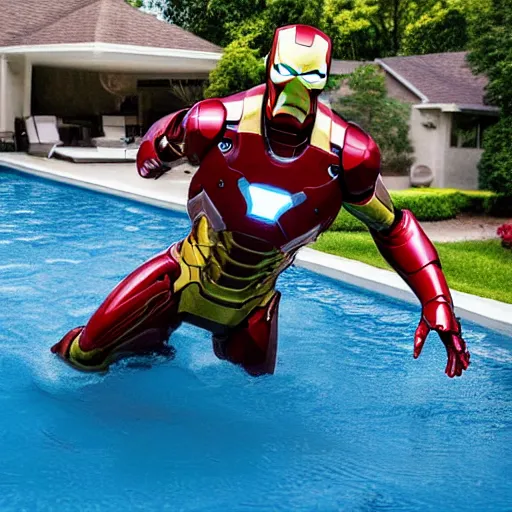 Image similar to iron man suit floating in pool, 4k realistic photo