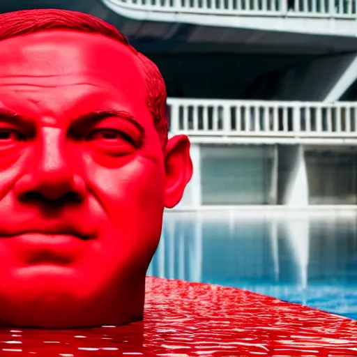 Image similar to a sculpture made out red jelly in the sea of a giant benjamin netanyahu head, long shot, hyper detailed, hyper realistic, ray tracing, 8 k resolution, sharp focus, realistic water, award winning