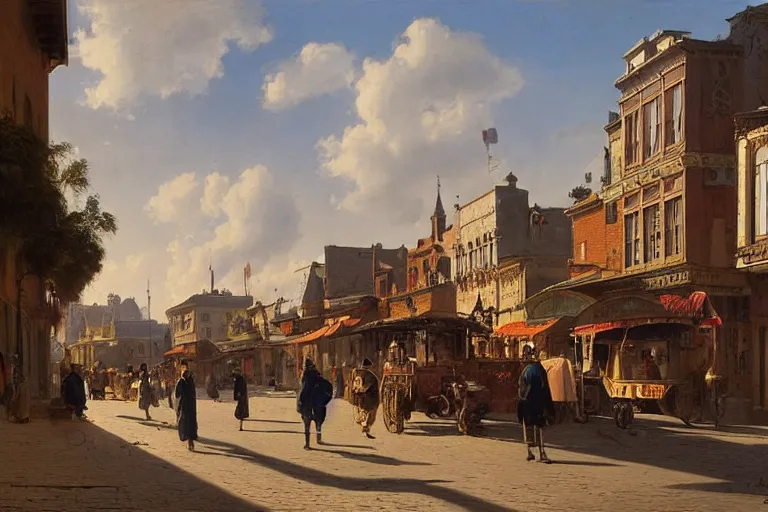 Prompt: street at dawn in a very beautiful Western town in summer by Ludwig Deutsch and Rudolf Ernst, colorful architecture, strong dramatic cinematic lighting, lost civilizations, smooth, sharp focus, extremely detailed
