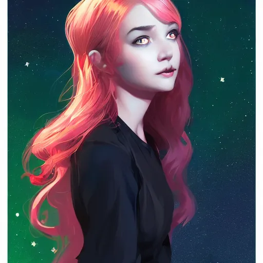 Image similar to a young woman with a starry cloak, aurora colored hair, curious expression, character art, full body art, trending on artstation, artgerm, 4k ultra hd, sharp focus, digital art by Ilya Kuvshinov and Ross Tran,