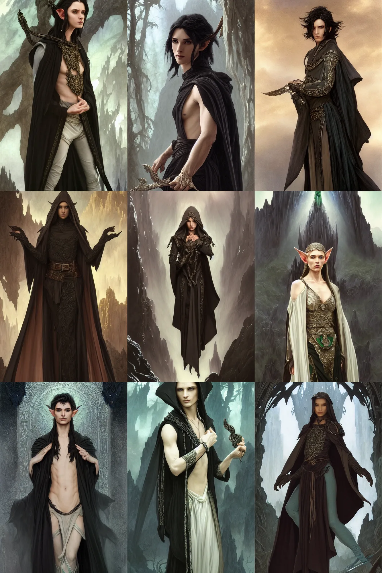 Prompt: androgynous male elf from shannara, long black hair, robes and shawl, filigree, crystal jewelry, d & d, fantasy, intricate, elegant, highly detailed, digital painting, artstation, concept art, matte, sharp focus, illustration, hearthstone, art by bouguereau and artgerm and greg rutkowski and alphonse mucha