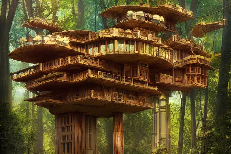 Image similar to solarpunk treehouse by frank lloyd wright, still from a movie, cyberpunk tree house, photo art, artgerm, trending on artstation