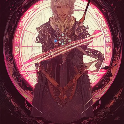 Image similar to detailed portrait of cyberpunk wizard, wizard magic staff, casting a spell, elite, elegant, concept art, intricate complexity, by shigenori soejima, krenz cushart, alphonse mucha, takato yamamoto, conrad roset, 4 k, beautiful, cinematic dramatic atmosphere