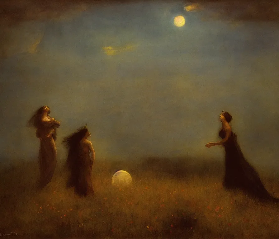 Prompt: dramatic lighting romantic painting titled'mama here comes midnight with the dead moon in its jaws ', magical realism symbolist, full landscape with hybrid animal figures, painted by arnold bocklin and odilon redon, shocking detail trending on artstation 8 k