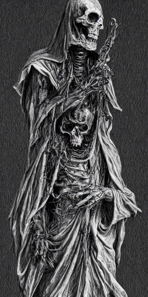 Image similar to death himself, monochrome, detailed, full body, horror, dark, grim, grainy