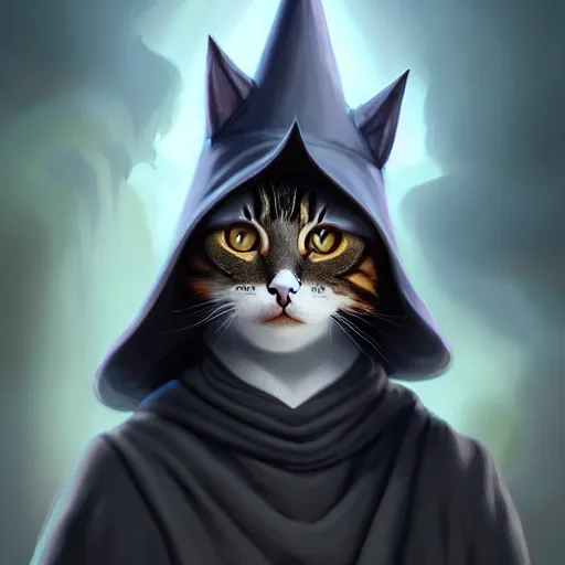 Image similar to matte oil painting of a bipdel cat wearing long wizard robes, anthropomorphic cat wearing a wizard hat, dnd, character reveal, magic, posing, full body portrait, high resolution, detailed, inspiring, award - winning