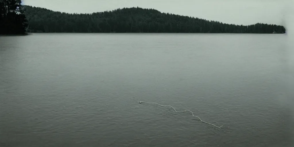 Prompt: centered photograph of a single line of thick infinitely long rope floating on the surface stretching out to the center of the lake, a dark lake sandy shore on a cloudy day, color film, trees in the background, hyper - detailed kodak color film photo, anamorphic lens