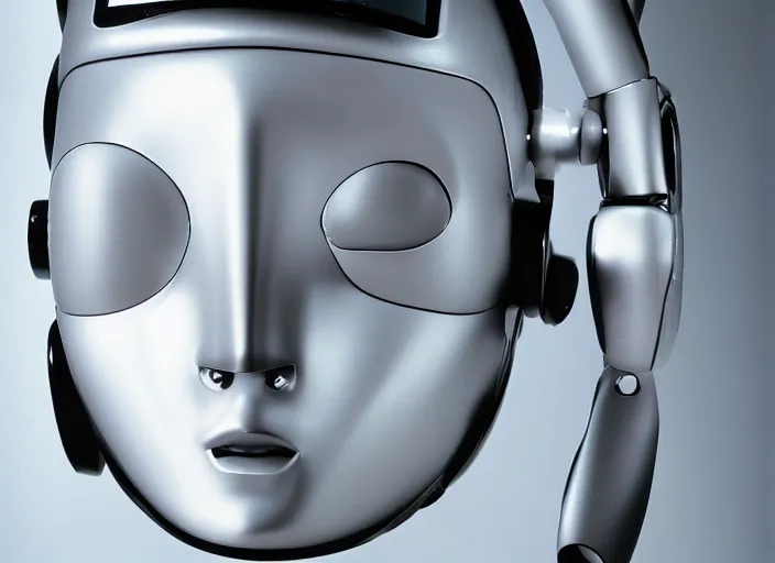 Image similar to a portrait photograph of a robot head designed by Balenciaga, 35mm, pentax, studio