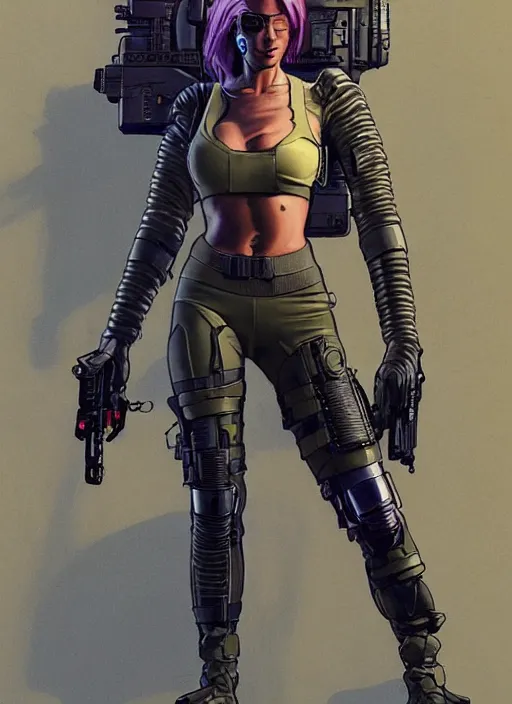 Image similar to cyberpunk mercenary in tactical gear and jumpsuit. portrait by stonehouse and mœbius and will eisner and gil elvgren and pixar. character design. realistic proportions. dystopian. cyberpunk 2 0 7 7, apex, blade runner 2 0 4 9 concept art. cel shading. attractive face. thick lines.