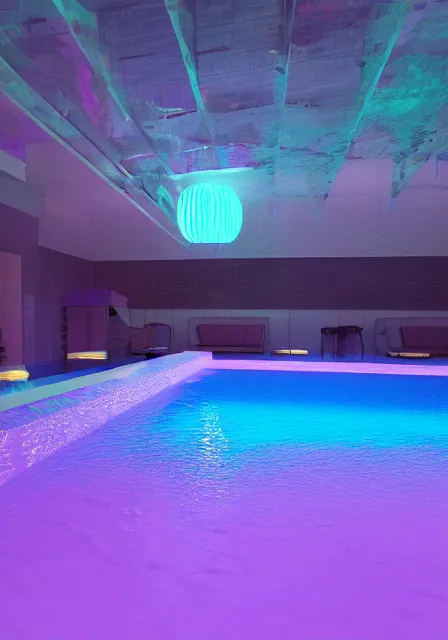 Prompt: pastel iridescent 3d swimming pool at night, cinema 4d, digital art, octane renter, hd, 8k, hyperrealistic, highly detailed, trending on behance