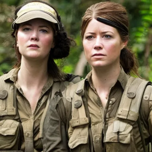 Image similar to elisha cutbert and mary elizabeth winstead as a commandos in a jungle battlefield