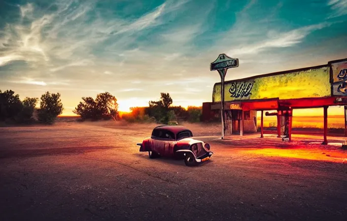 Image similar to a sunset light landscape with historical route 6 6, lots of sparkling details and sun ray ’ s, blinding backlight, smoke, volumetric lighting, colorful, octane, 3 5 mm, abandoned gas station, old rusty pickup - truck, beautiful epic colored reflections, very colorful heavenly, softlight