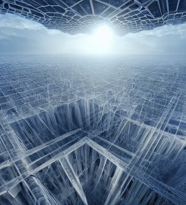 Image similar to a cityscape of crystallographic fractal architecture structures in a vast landscape, by glenn small, by albert bierstadt, by santiago calatrava, photorealism, octane render, unreal engine, volumetric light, depth of field, volumetric clouds, god rays, lens flares, detailed, intricate, digital art, twin motion, megascan, high resolution, aerial view