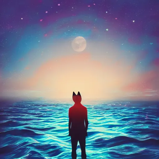 Image similar to close shot of human with fox ears standing in the middle of the ocean, digital art, acrylic, detailed, glows, moonlight,