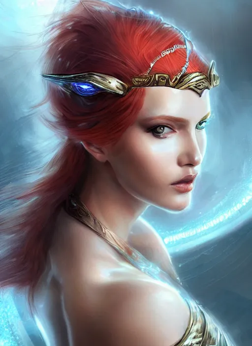 Prompt: sketch of cute beautiful red haired smirking super model as futuristic aphrodite greek goddess wearing a holographic headdress, beautiful piercing gaze with sharp pupils, sexy, in the style of greg rutkowski, fantasy, amazing detail, epic, elegant, smooth, sharp focus, front view