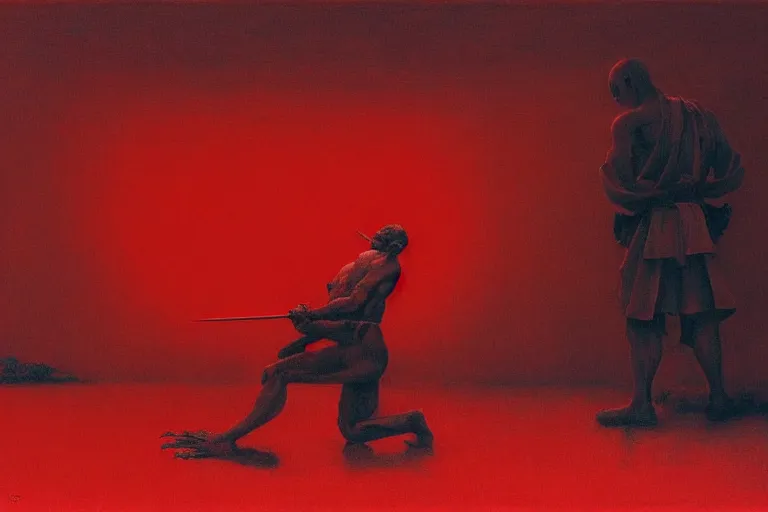 Image similar to only with red, a red samurai do seppuku, tokio, a lot of frogs watch, in the style of beksinski, parts by edward hopper, parts by rodcenko, parts by yue minjun, intricate and epic composition, red by caravaggio, insanely quality, highly detailed, masterpiece, red light, artstation, 4 k