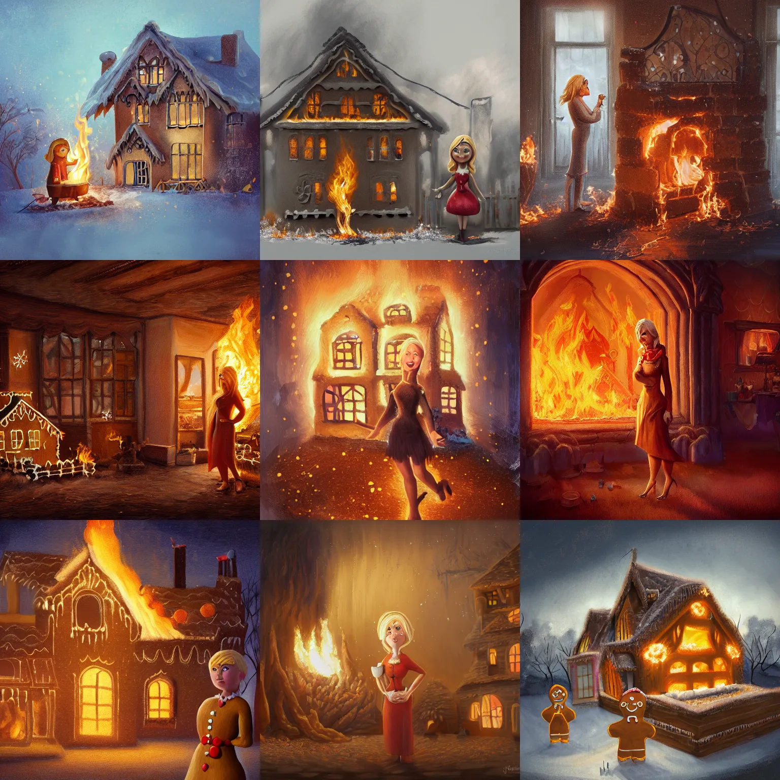 Prompt: a blond woman stands idly before a burning gingerbread mansion, painting, beautiful, wide angle, trending on artstation