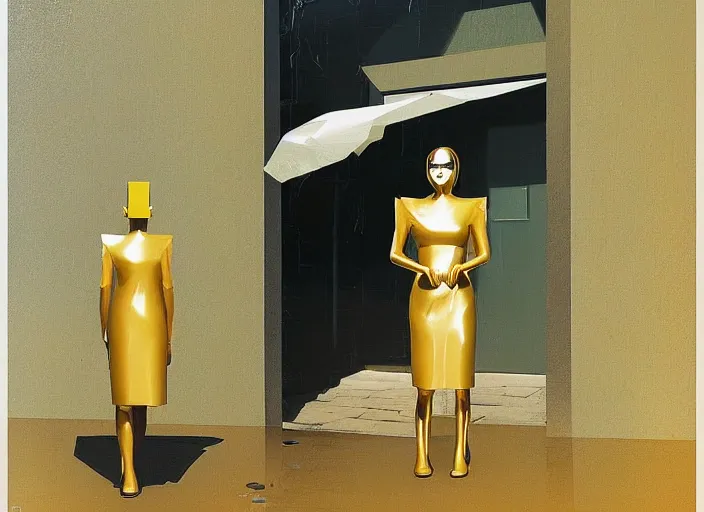 Prompt: futuristic woman with very wide head dressed in transparent gold foil plastic bags with cutouts, on flooded street Edward Hopper and James Gilleard, Zdzislaw Beksinski, highly detailed