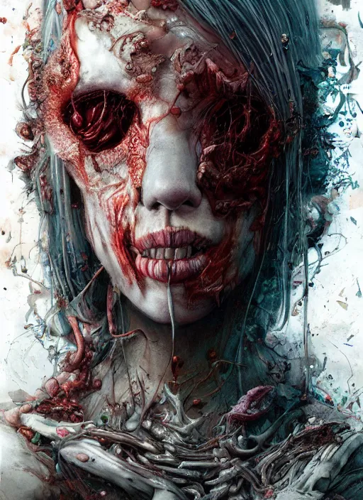 Image similar to Alice eats a cake and grows large,highly detailed,half skull face,cinematic,8k,by Stanley Artgermm,Tom Bagshaw,Greg Rutkowski,Carne Griffiths, Ayami Kojima, Beksinski, Giger,trending on DeviantArt,hyper detailed,horror, full of colour