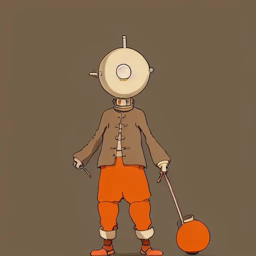 Image similar to a study of cell shaded cartoon of an orange mechanized monk from howl's moving castle ( 2 0 0 4 ) on a desert road, full body, wide shot, very muted colors, post grunge, studio ghibli, laurie greasley, highly detailed, deviantart, art by artgem