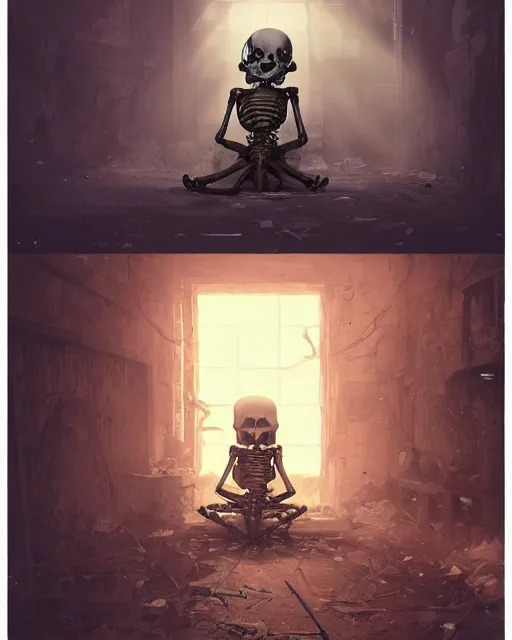 Image similar to a skeleton sitting in an old corner chained up an old abandoned dungeon, very little moss, sunbeams streaming in through an unseen window, ancient. Atmospheric lighting, By Makoto Shinkai, Stanley Artgerm Lau, WLOP, Rossdraws, James Jean, Andrei Riabovitchev, Marc Simonetti, krenz cushart, Sakimichan, D&D trending on ArtStation, digital art.