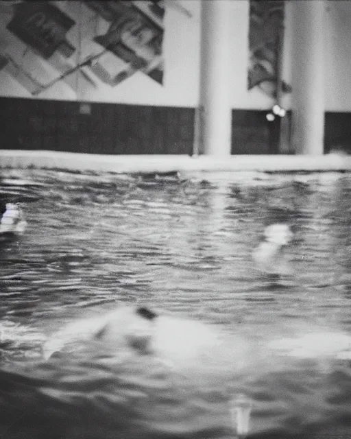 Image similar to terrifying, humanoid monstrous creatures of the abyss, lurking and prowling in a public swimming pool, liminal spaces, occult gathering, 3 5 mm film photo, film grain