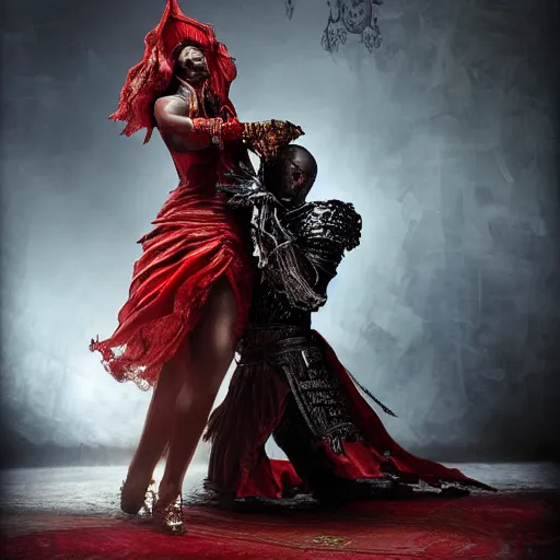 Prompt: black man dancing with a female devil in red dress, Dark Souls 3 themed, in style of Ruan Jia, insanely detailed and intricate, golden ratio, elegant, ornate, luxury, elite, matte painting, cinematic, cgsociety, James jean, Brian froud, ross tran, Laputa, in the style of waya steurbaut