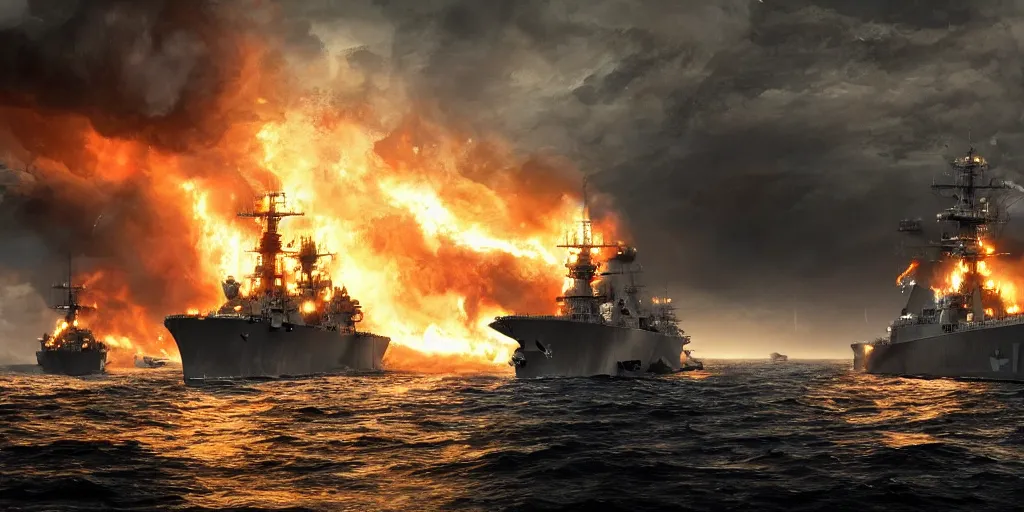 Prompt: a naval battle with battleships and submarines in the night with fire, high detail, high definition, photorealistic, 8k,