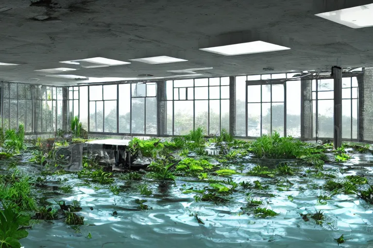 Image similar to A huge interior of a ruined office, flooded with water, lush and aquatic plants covering the place, digital art, trending on Artstation