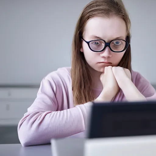 Image similar to finnish girl in pyjamas working on computer, tired bags around eyes, photograph 8 k flikr